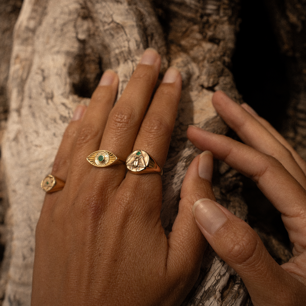 Scarab Signet Ring with Emerald Solid Gold