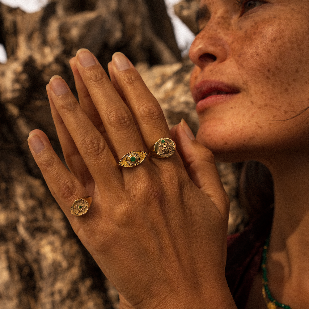 Scarab Signet Ring with Emerald Solid Gold