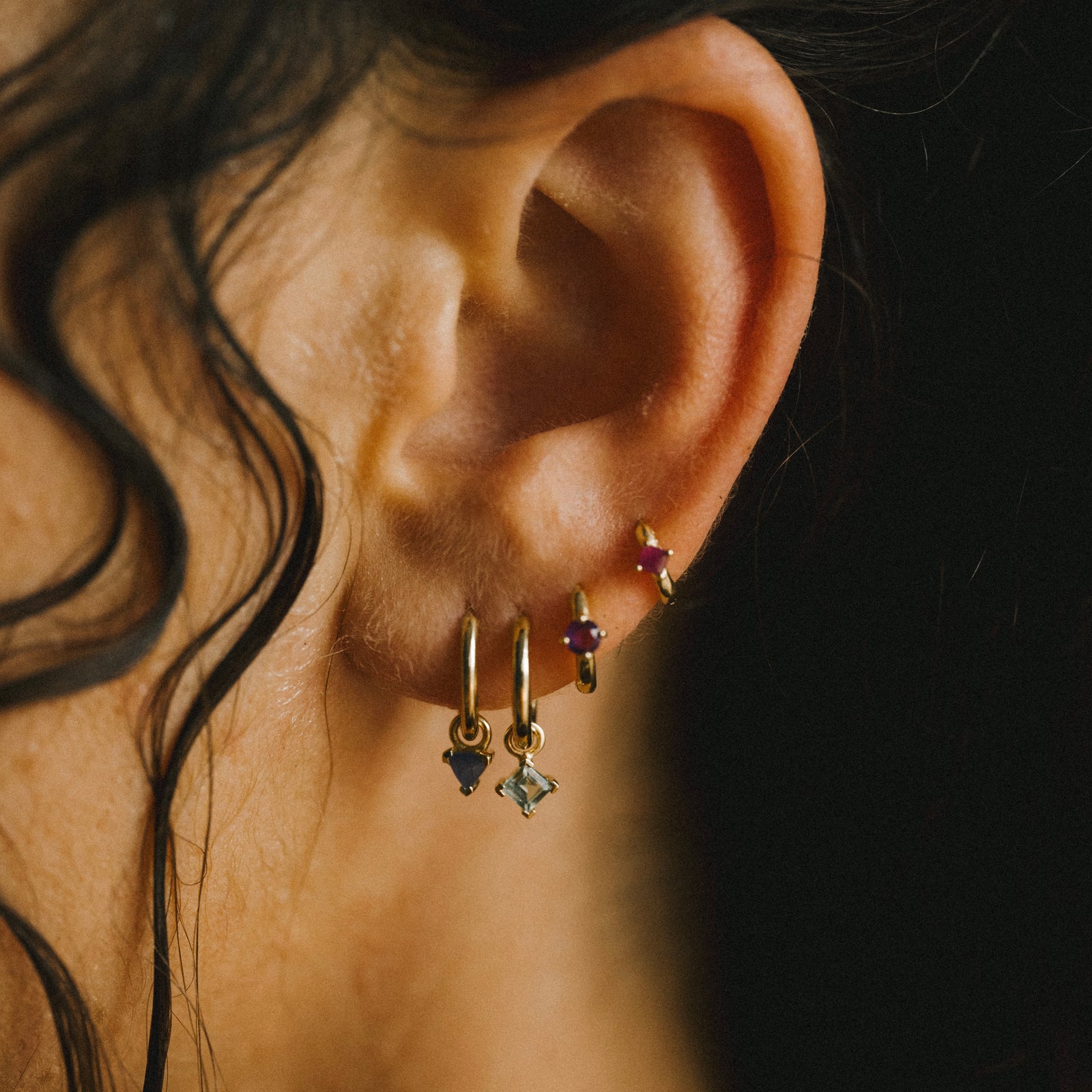 Birthstone Square Charm Hoop Solid Gold