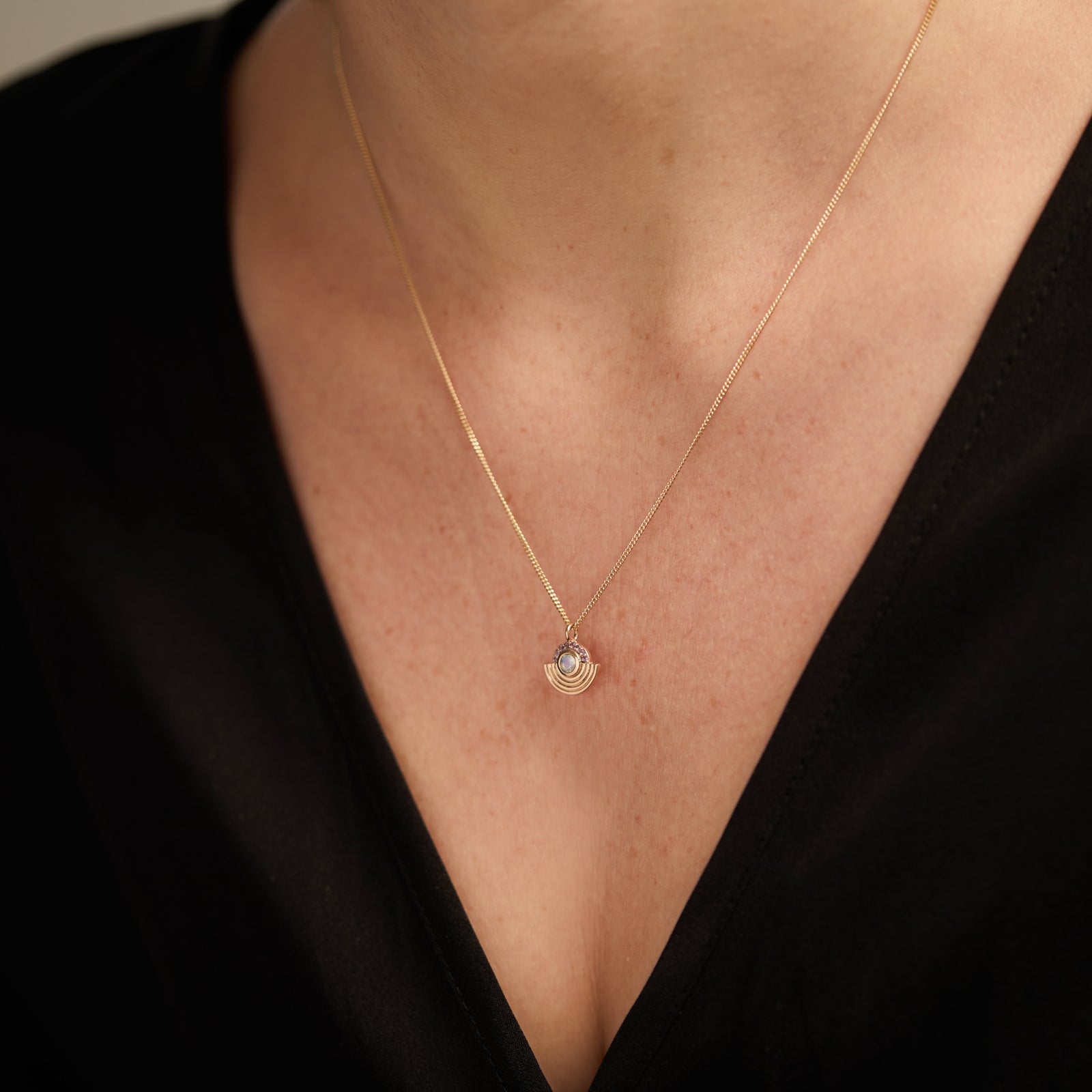 Interstellar Necklace Moonstone and Amethyst Solid Gold