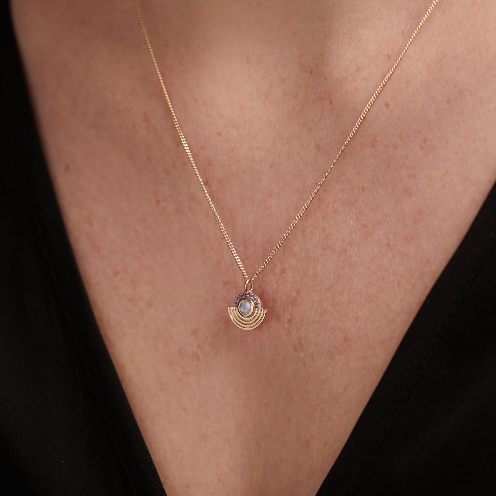 Interstellar Necklace Moonstone and Amethyst Solid Gold