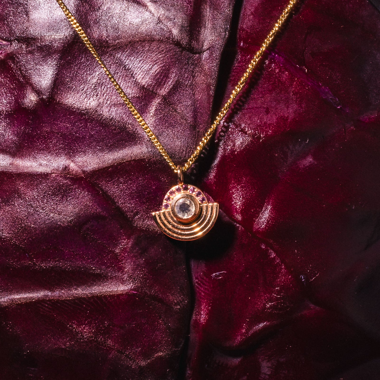 Interstellar Necklace Moonstone and Amethyst Solid Gold