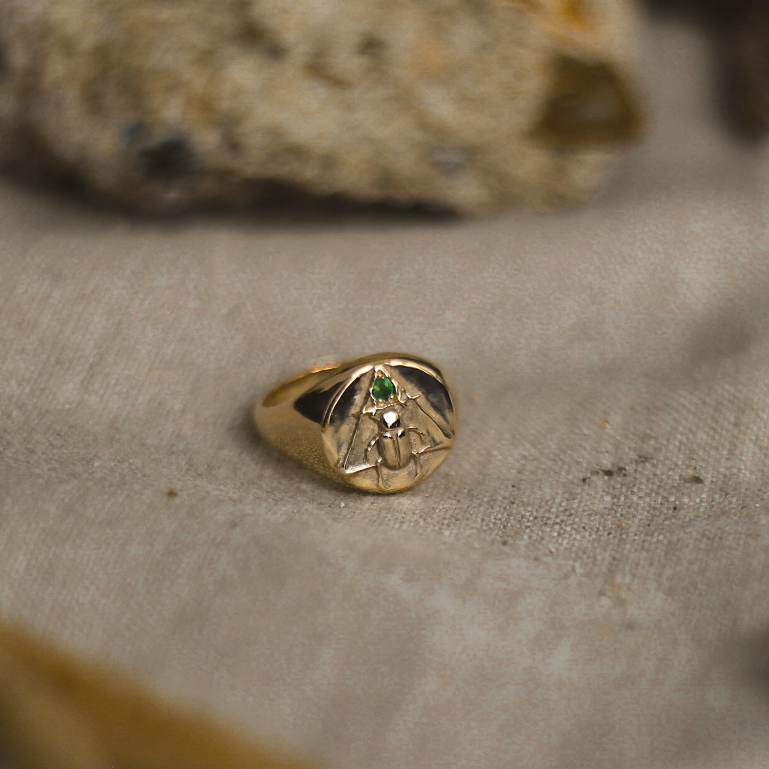 Scarab Signet Ring with Emerald Solid Gold