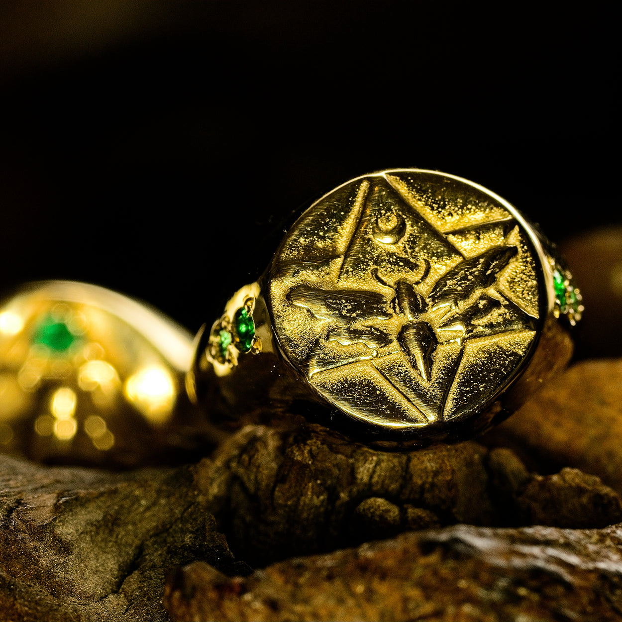 Lunar Signet Ring with Emeralds Solid Gold