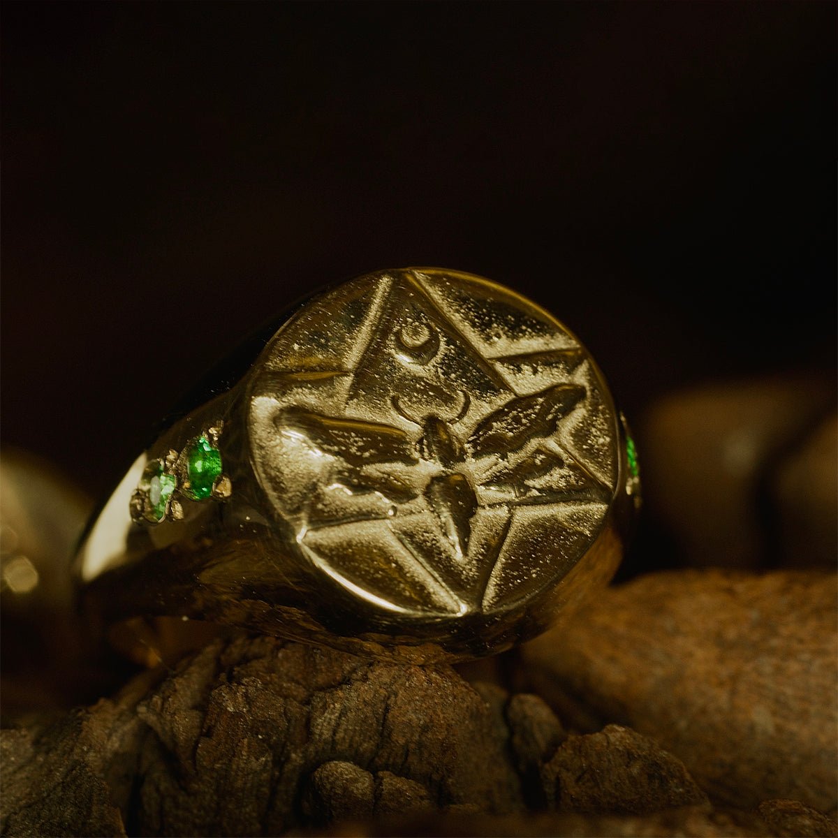 Lunar Signet Ring with Emeralds Solid Gold