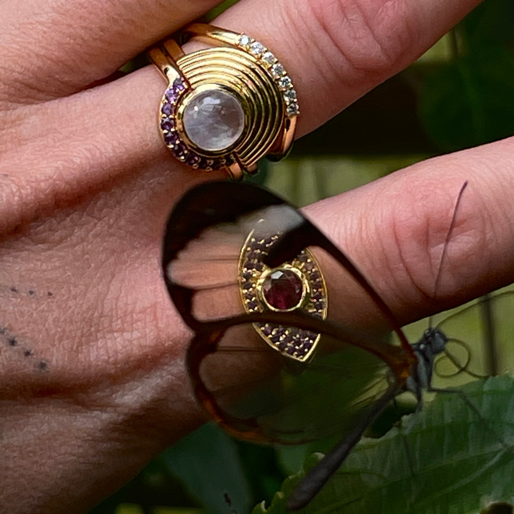 Interstellar Fine Stack Moonstone and Amethyst Solid Gold