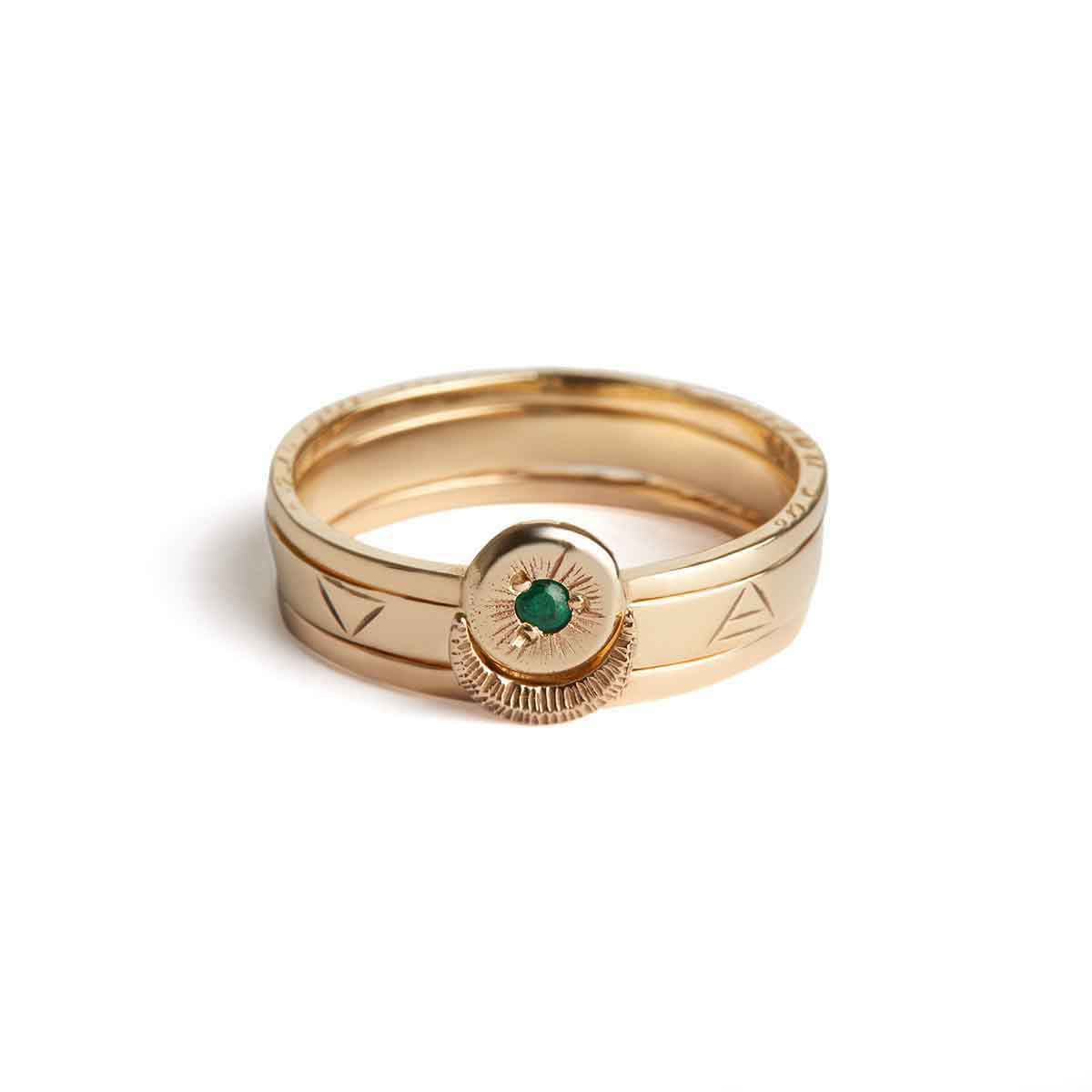 Sun Moon Four Elements Rings Set with Emerald Solid Gold