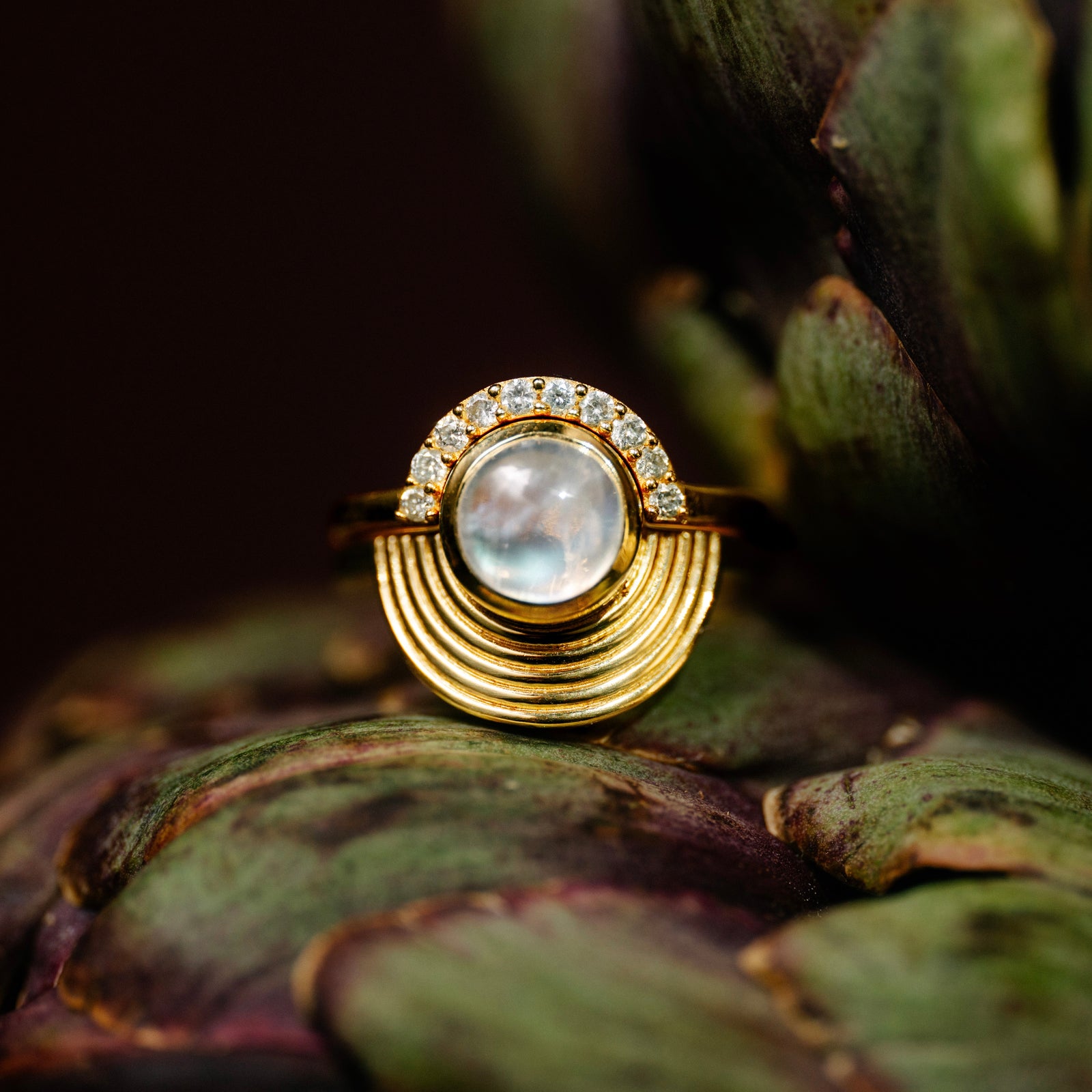 Interstellar Fine Stack Moonstone and Amethyst Solid Gold