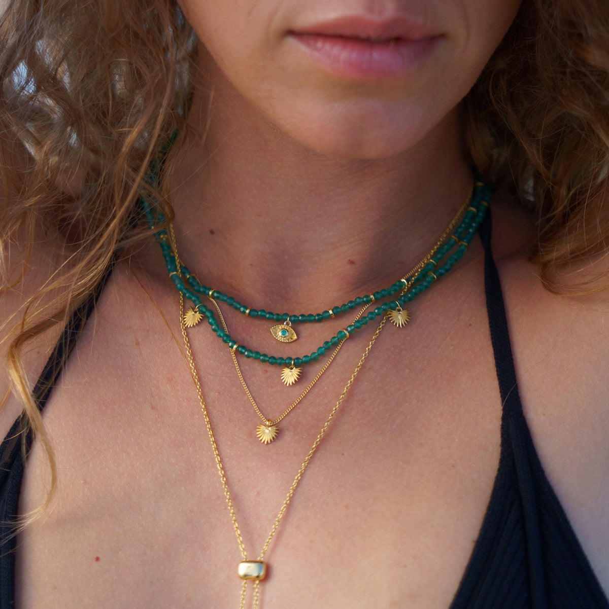 Rays of Light Necklace Green Onyx Gold