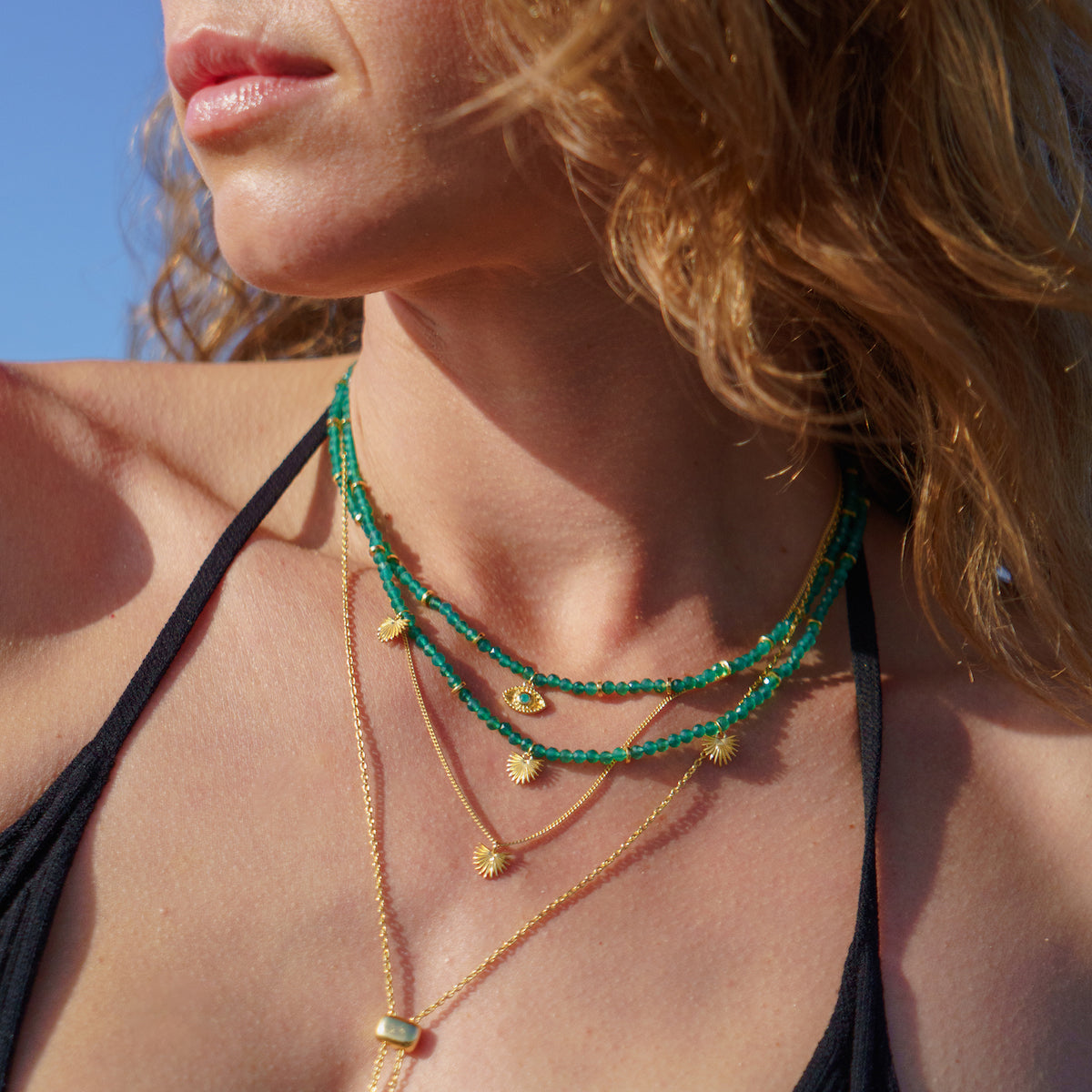 Rays of Light Necklace Green Onyx Gold