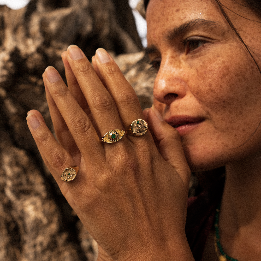 Ouroboros Signet Ring with Emerald, Ruby or Diamond Solid Gold