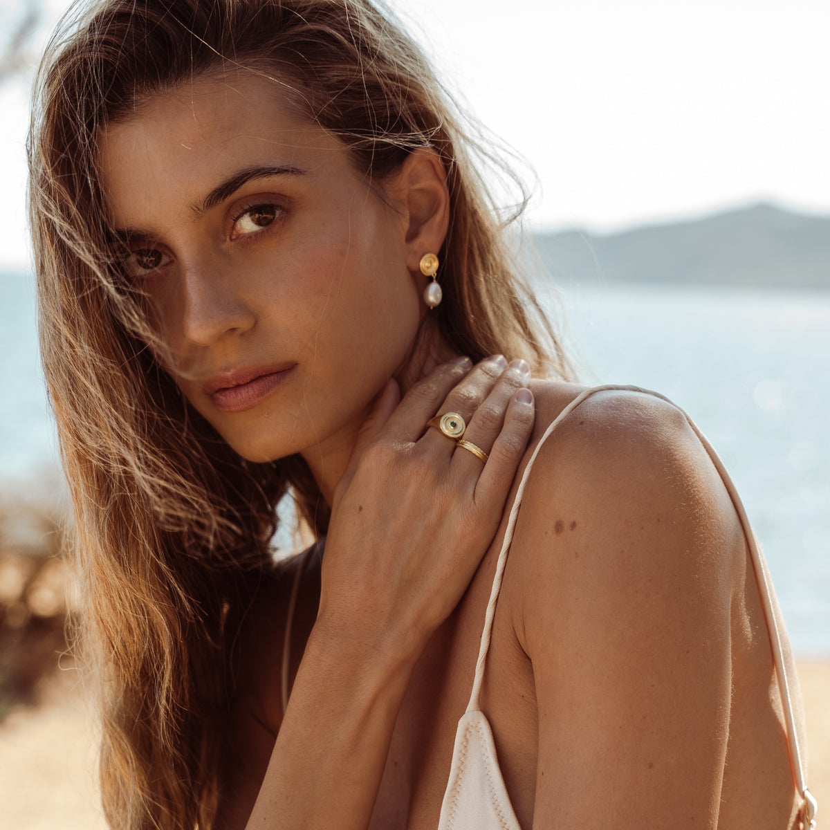 Galatea Pearl Drop Stud Earrings Gold