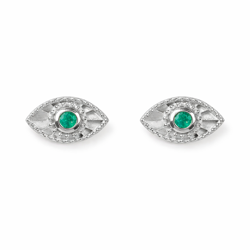 Rays Of Light Studs Emerald Solid White Gold