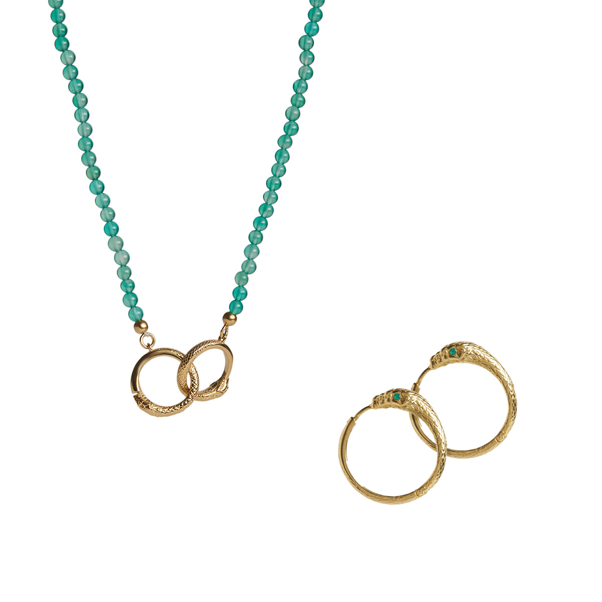 Ouroboros Onyx Necklace and Emerald Hoops Gold Set