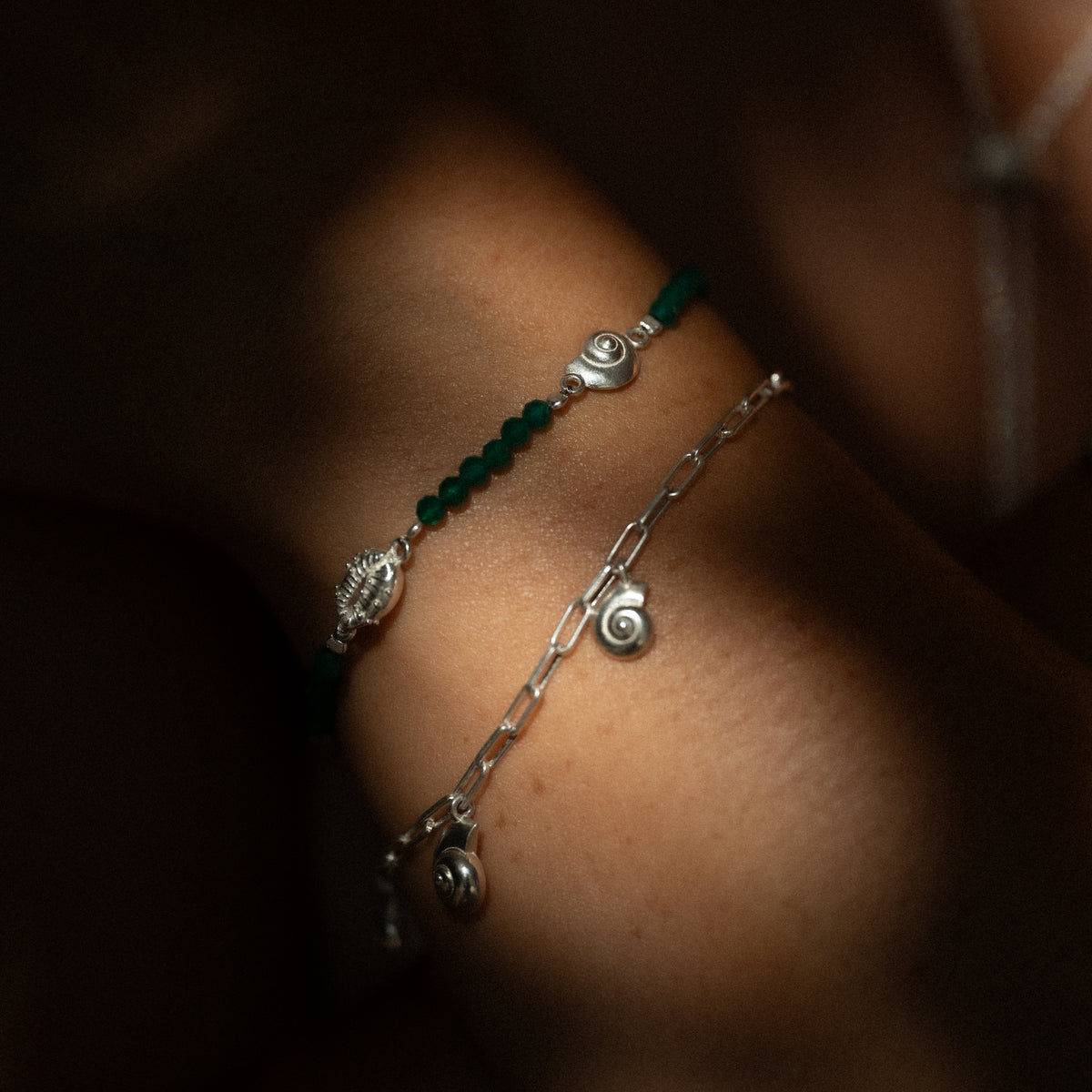 Inanna Spiral Green Onyx Bracelet Silver