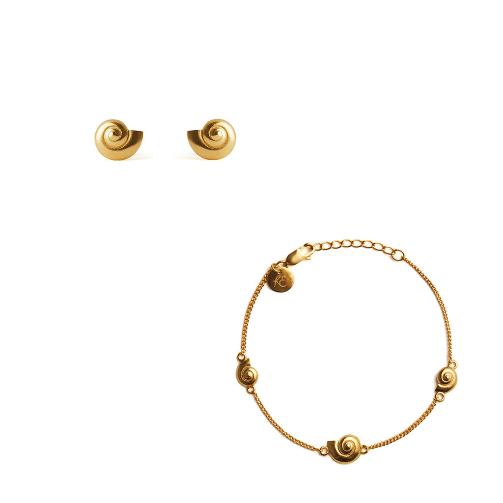 Inanna Spiral Fine Bracelet and Studs Gold Set