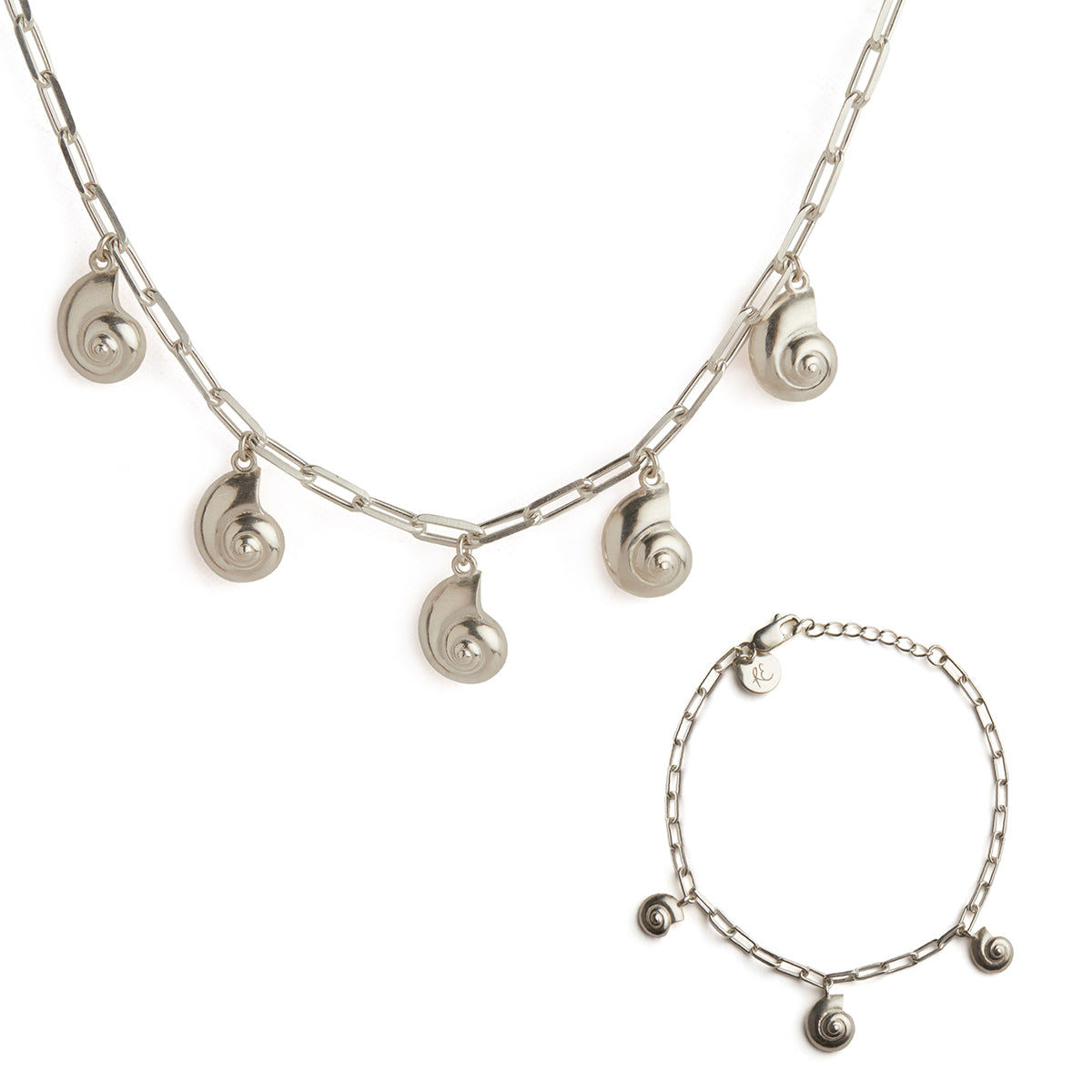 Inanna Spiral Charm Necklace and Bracelet Silver Set