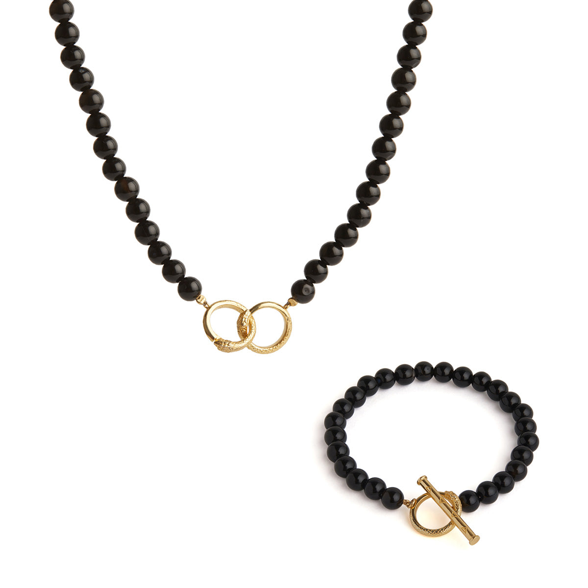 Ouroboros Black Onyx Necklace and Bracelet Gold Set