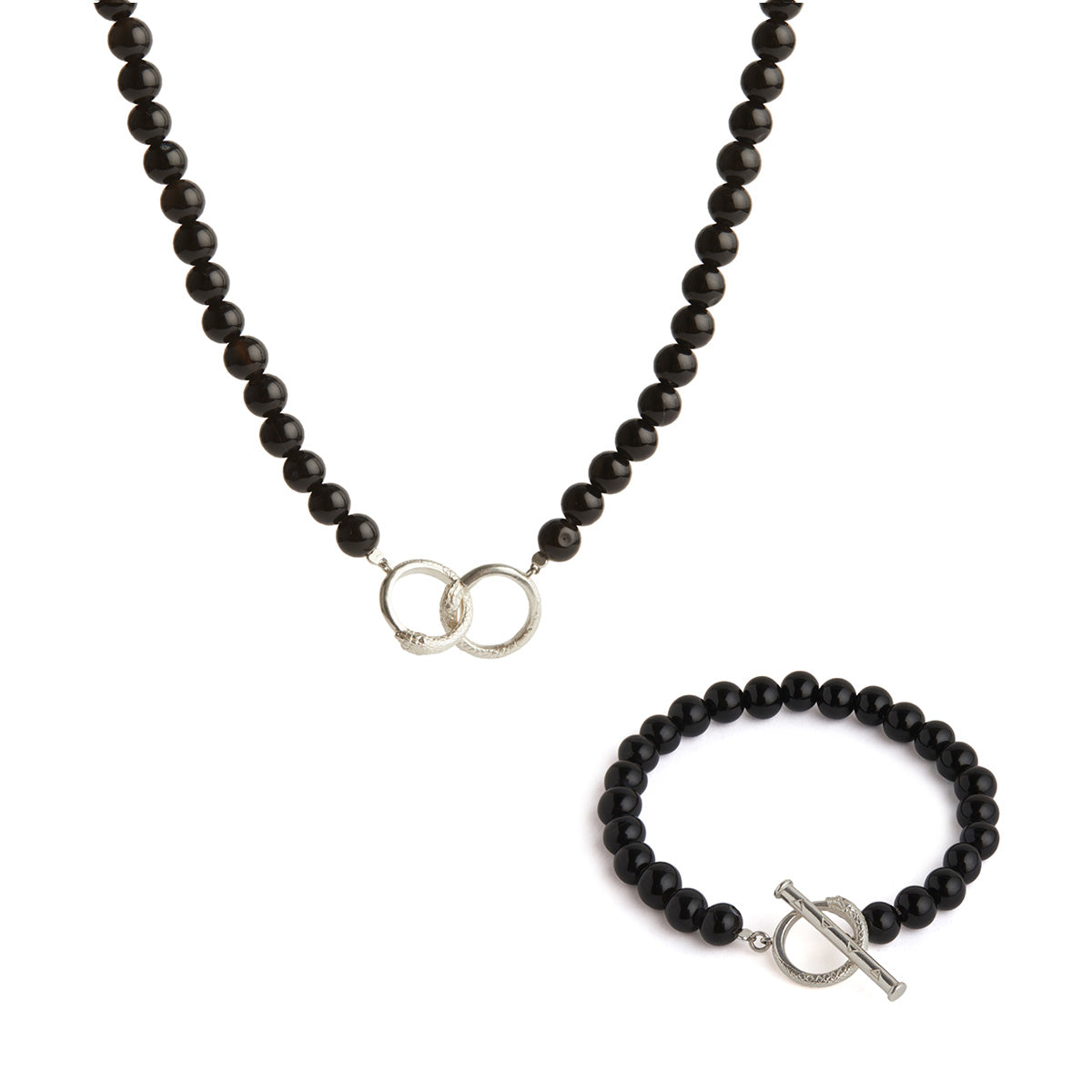 Ouroboros Black Onyx Necklace and Bracelet Silver Set