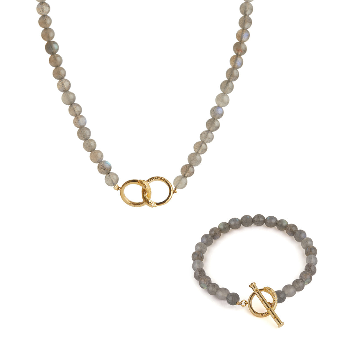 Ouroboros Labradorite Necklace and Bracelet Gold Set