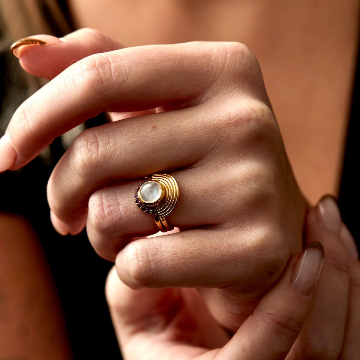 Interstellar Fine Stack Moonstone and Amethyst Solid Gold