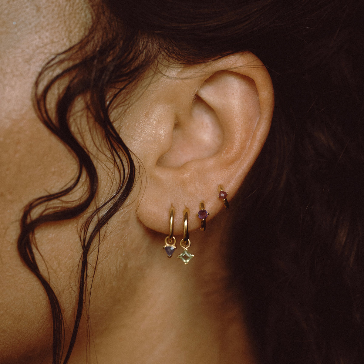 Birthstone Square Piercing Huggie Solid Gold