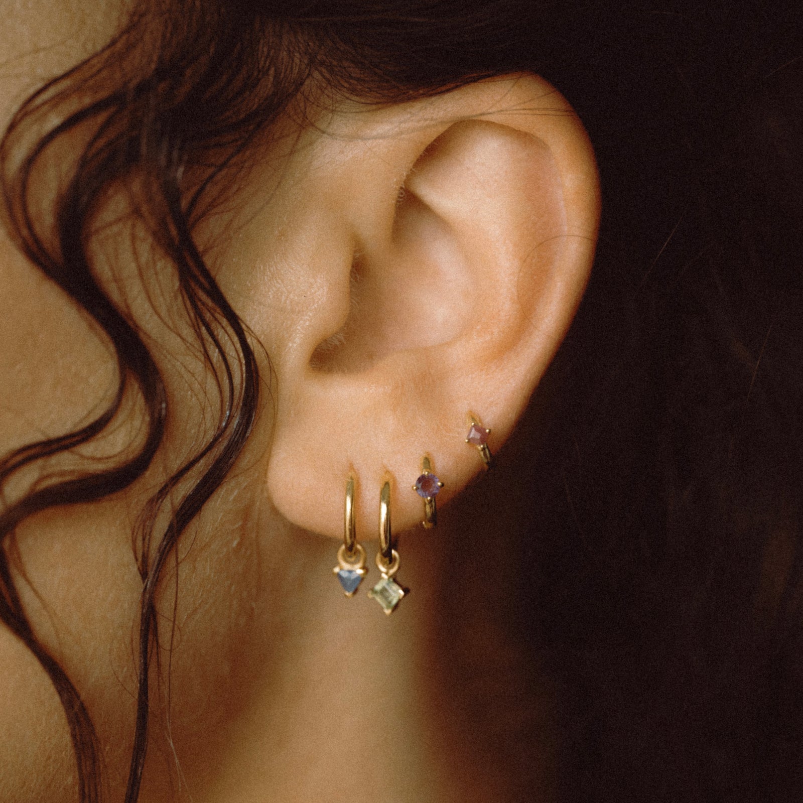 Birthstone Square Charm Hoop Solid Gold