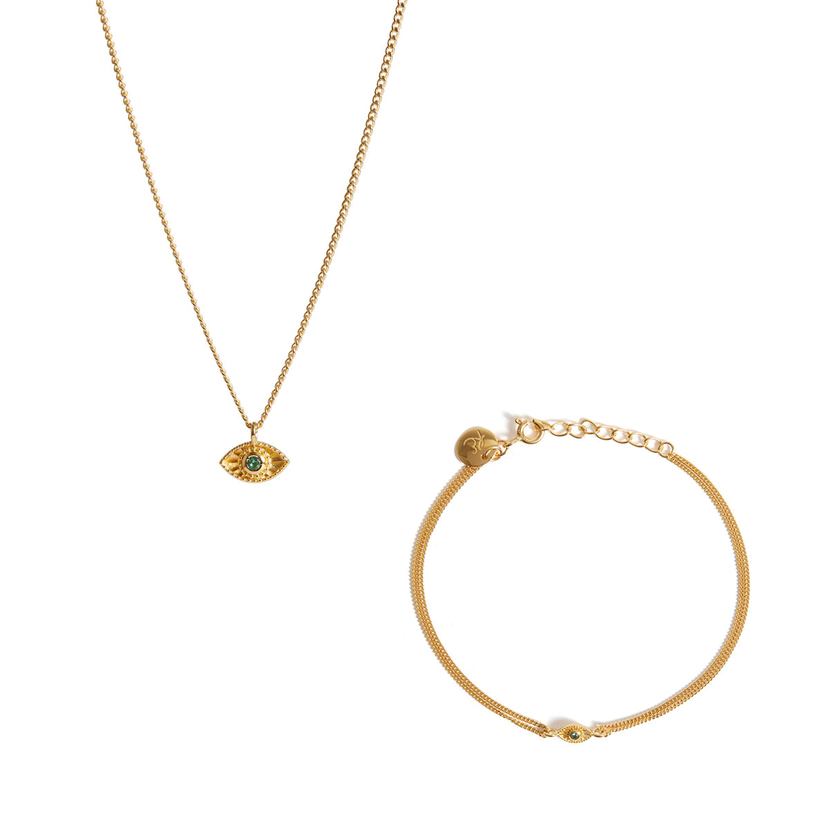 Rays of Light Mini Necklace and Mini Bracelet Emerald Gold Set