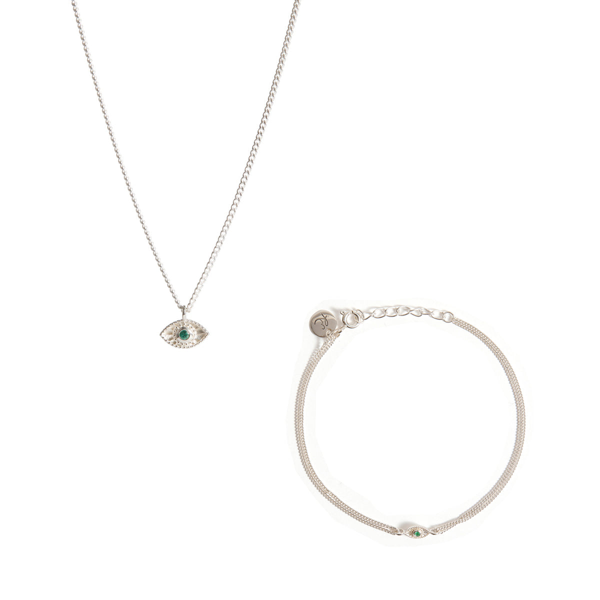 Rays of Light Mini Necklace and Mini Bracelet Emerald Silver Set