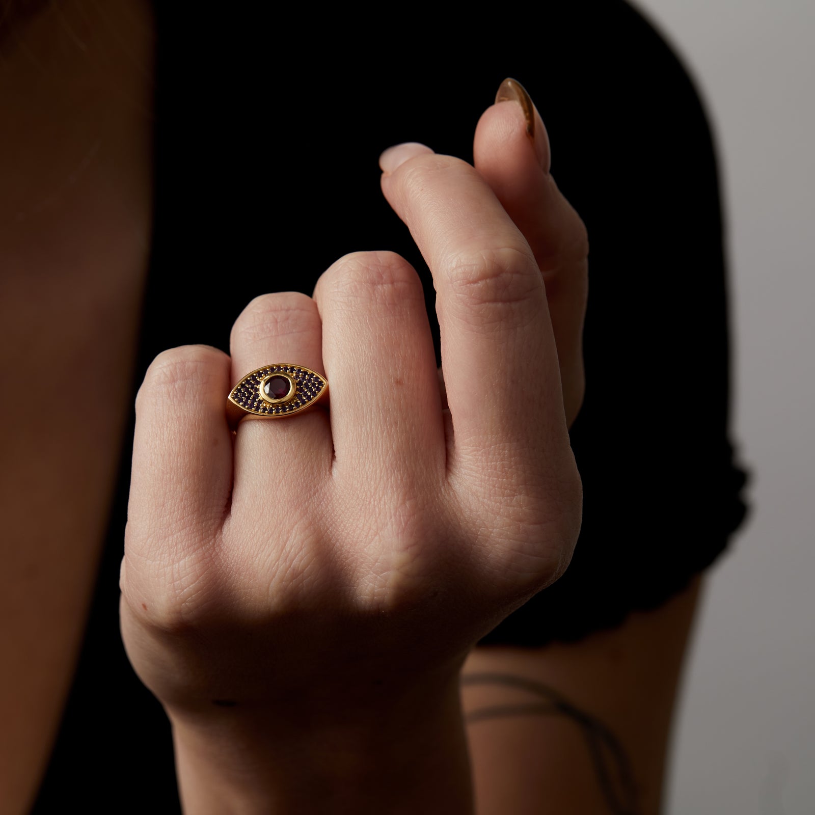 Rays of Light Fine Ring Pink Garnet and Amethyst Solid Gold