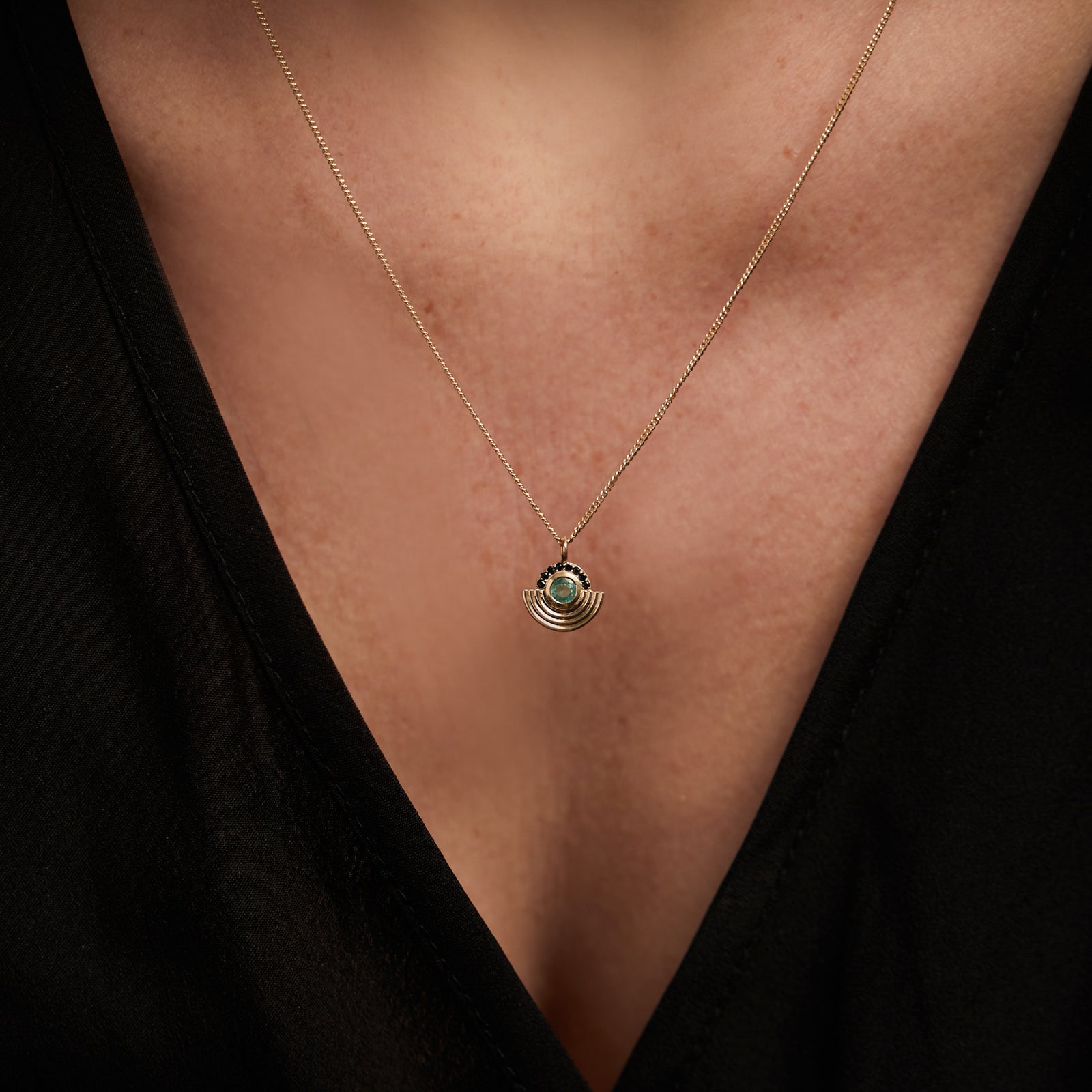 Interstellar Necklace Emerald and Black Sapphire Solid Gold