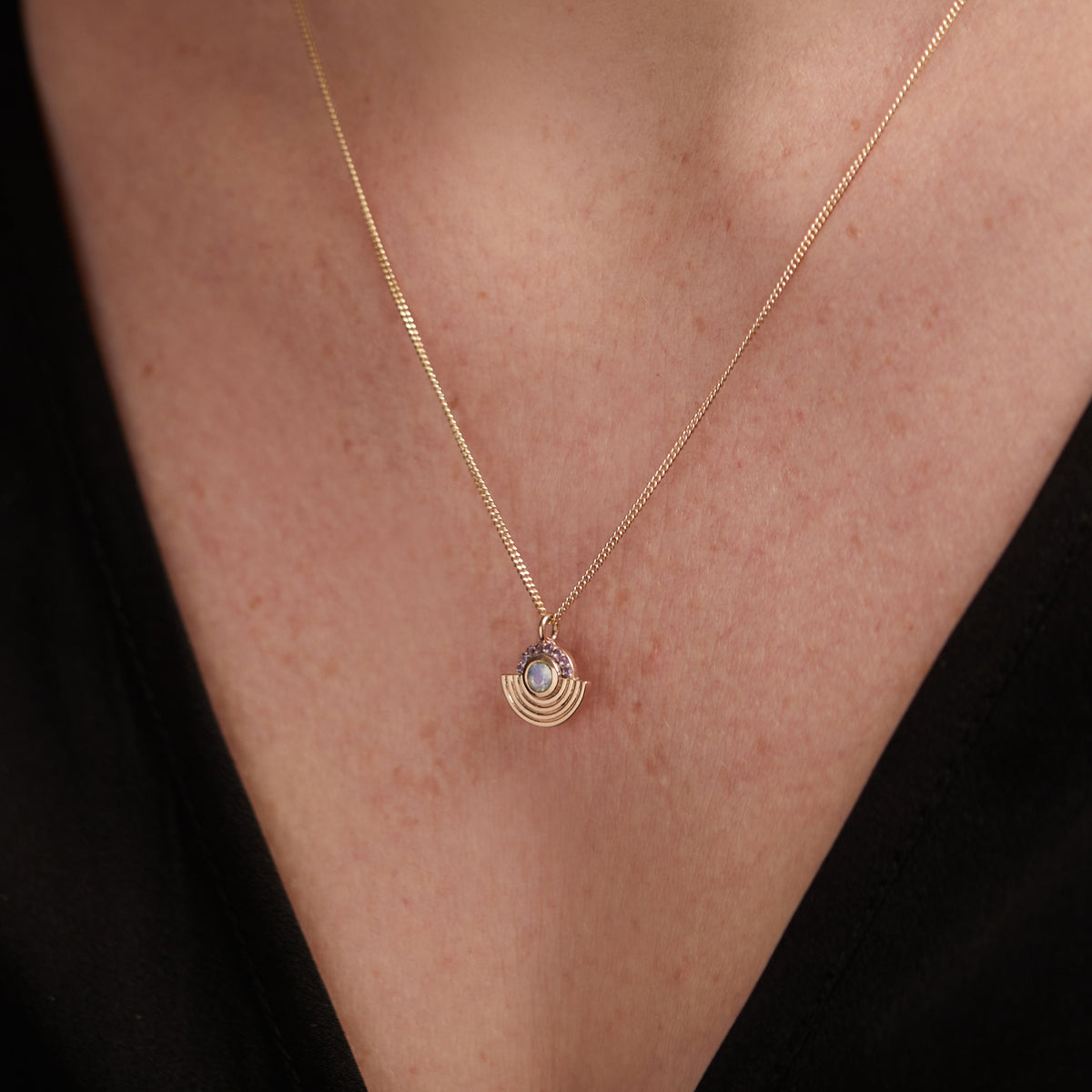 Interstellar Necklace Moonstone and Amethyst Solid Gold