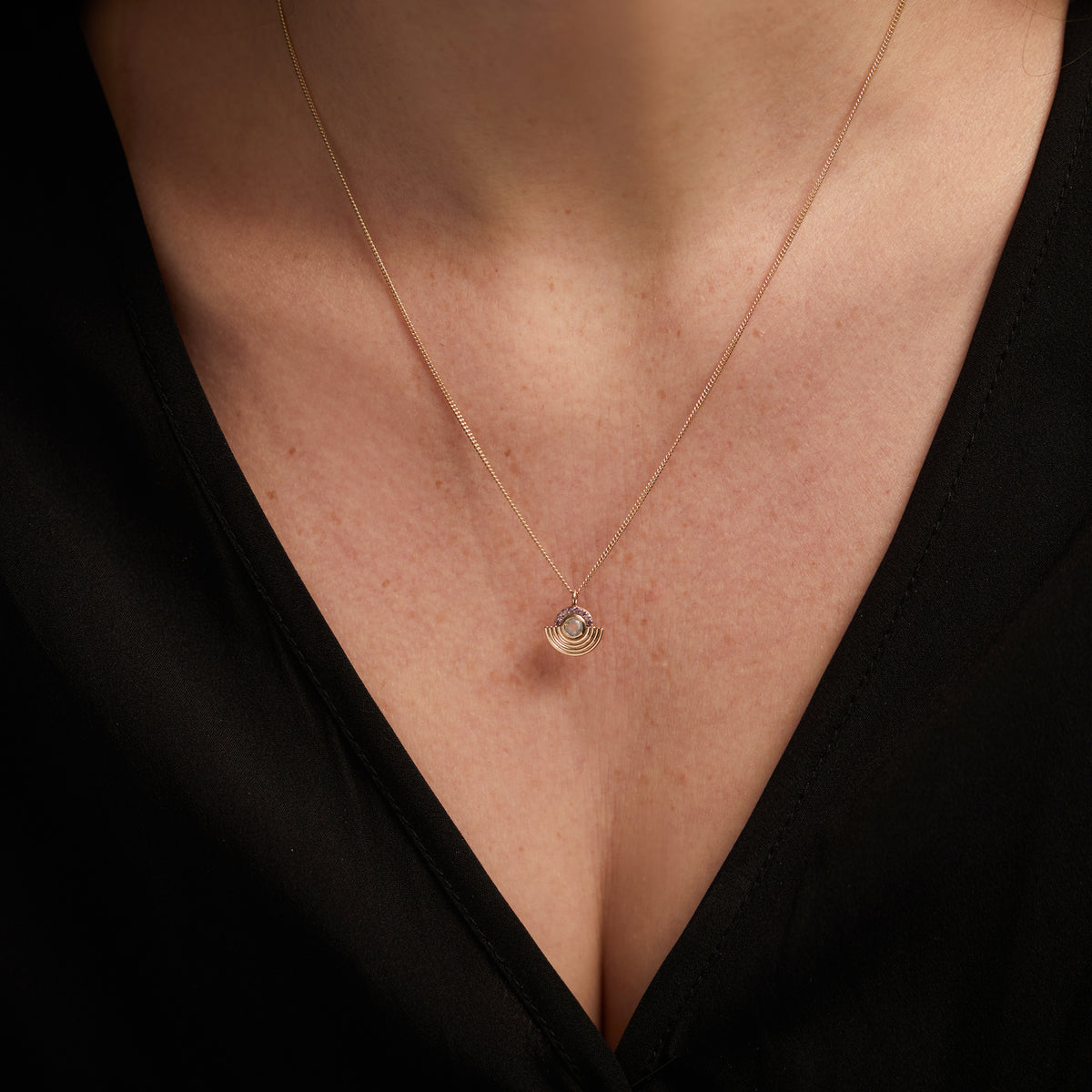 Interstellar Necklace Moonstone and Amethyst Solid Gold