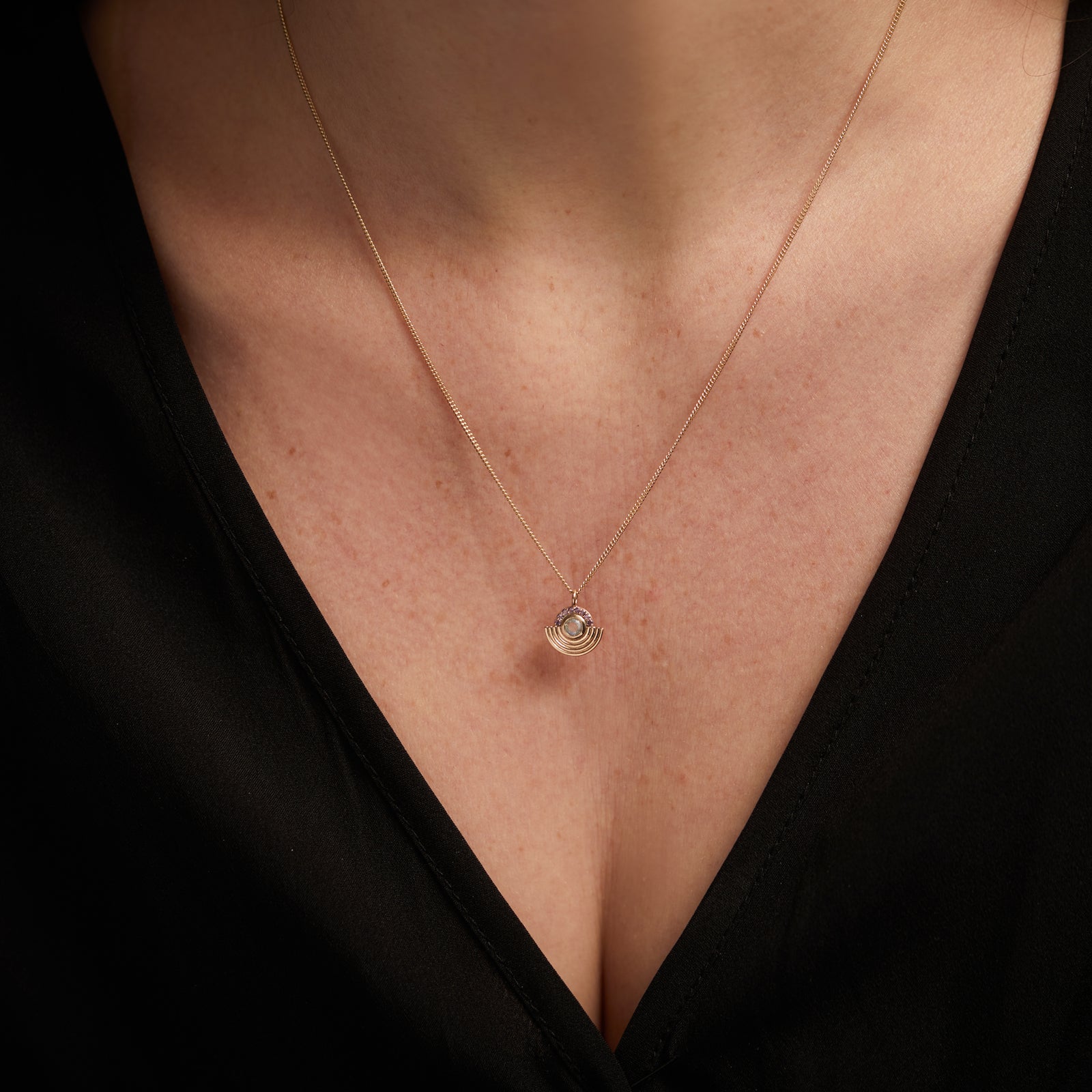 Interstellar Necklace Moonstone and Amethyst Solid Gold