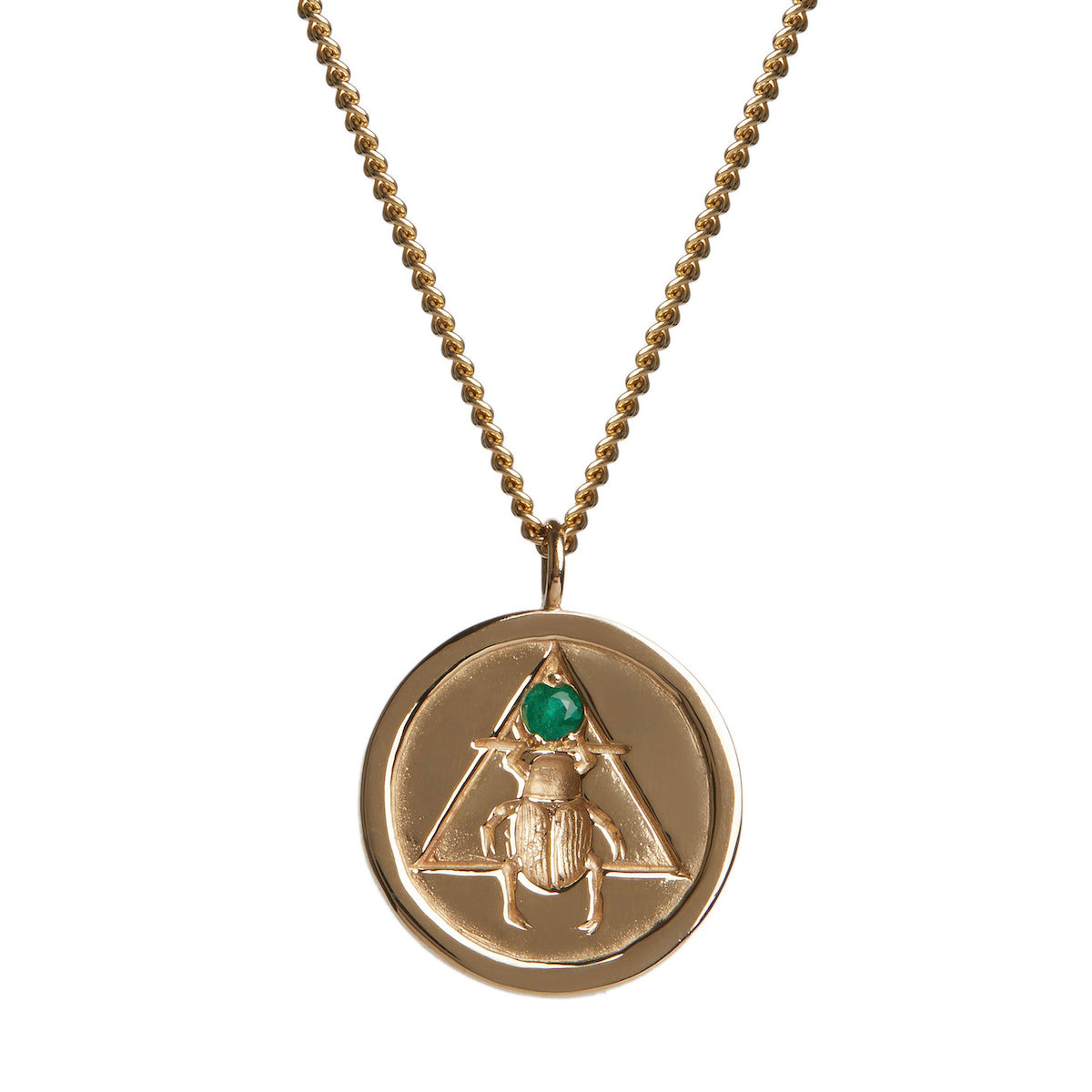 Scarab Coin Necklace with Emerald Solid Gold