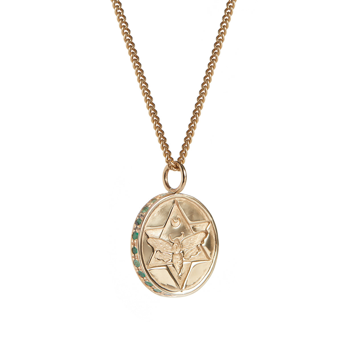 Lunar Coin Pendant with Emeralds Solid Gold