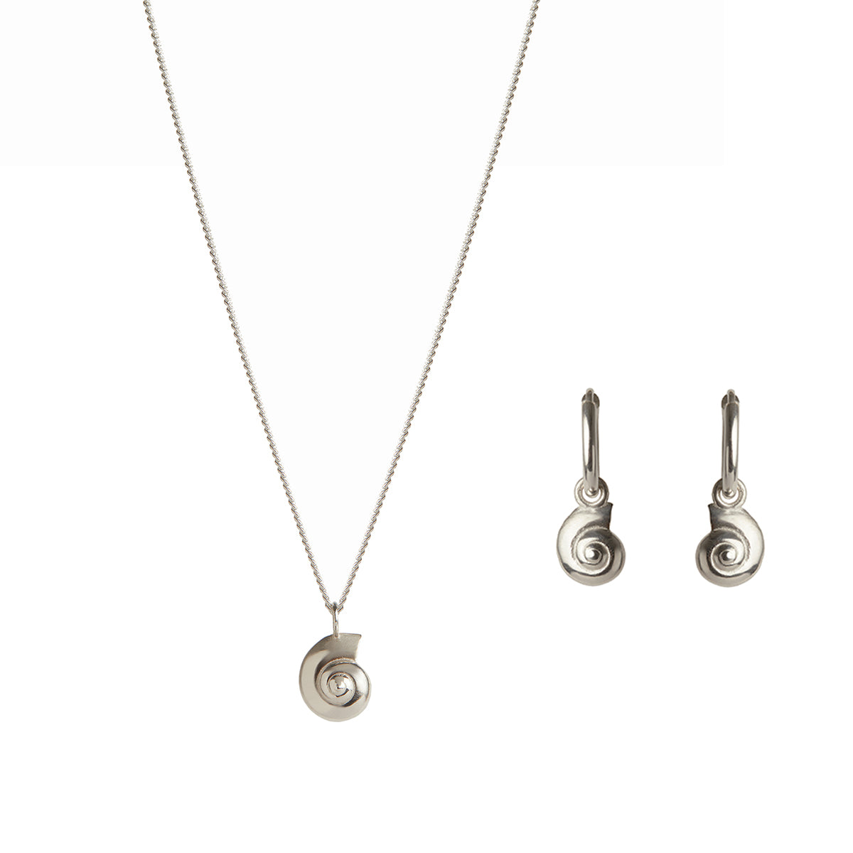 Inanna Spiral Mini Necklace and Hoop Earrings Silver Set