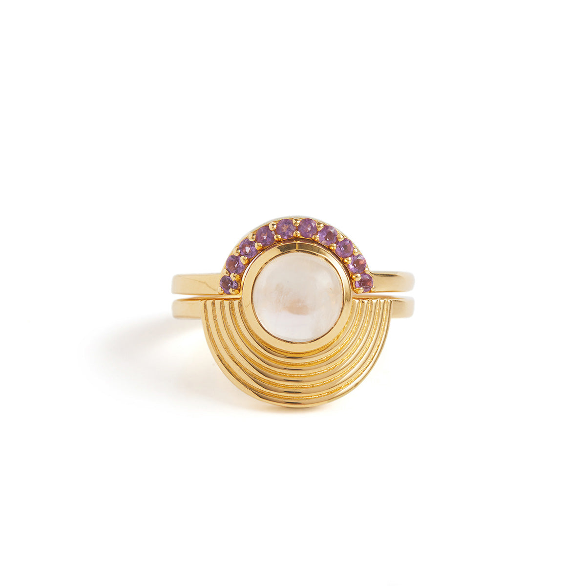 Interstellar Fine Stack Moonstone and Amethyst Solid Gold