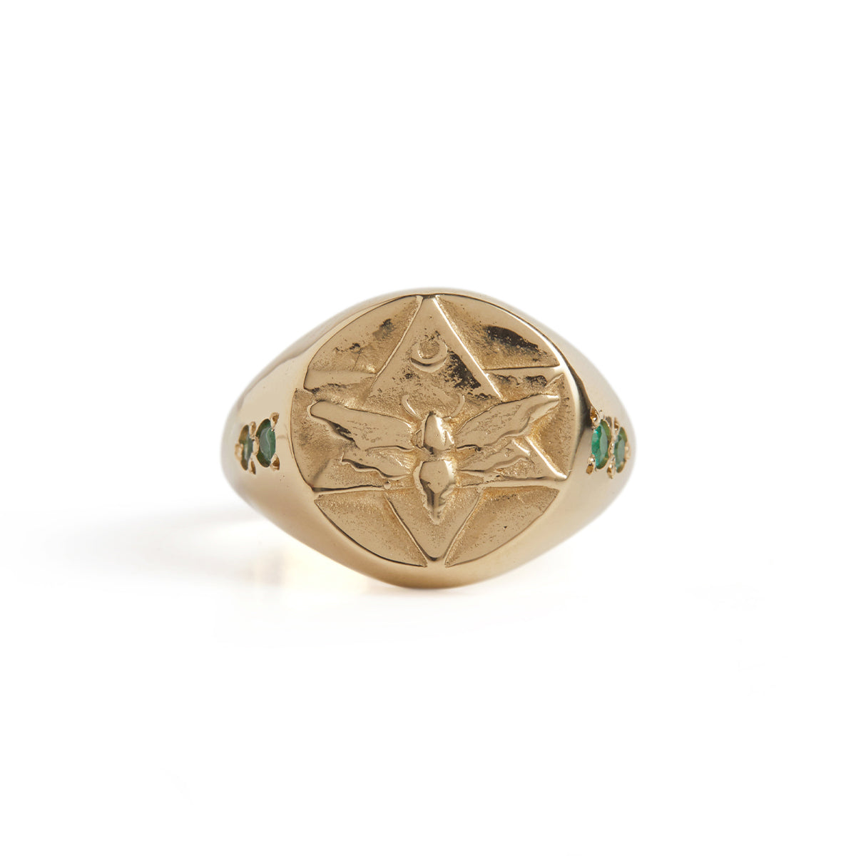 Lunar Signet Ring with Emeralds Solid Gold