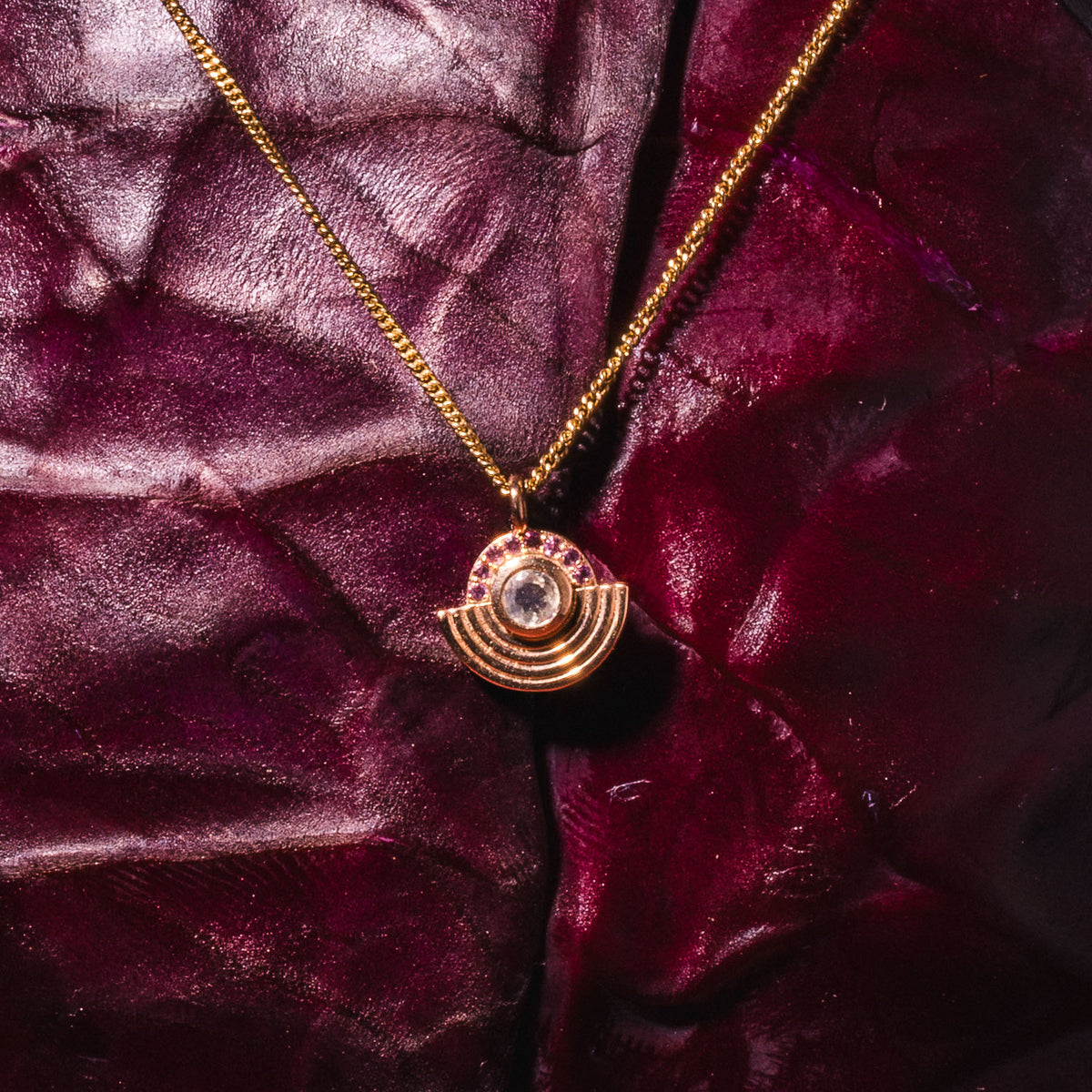 Interstellar Necklace Moonstone and Amethyst Solid Gold