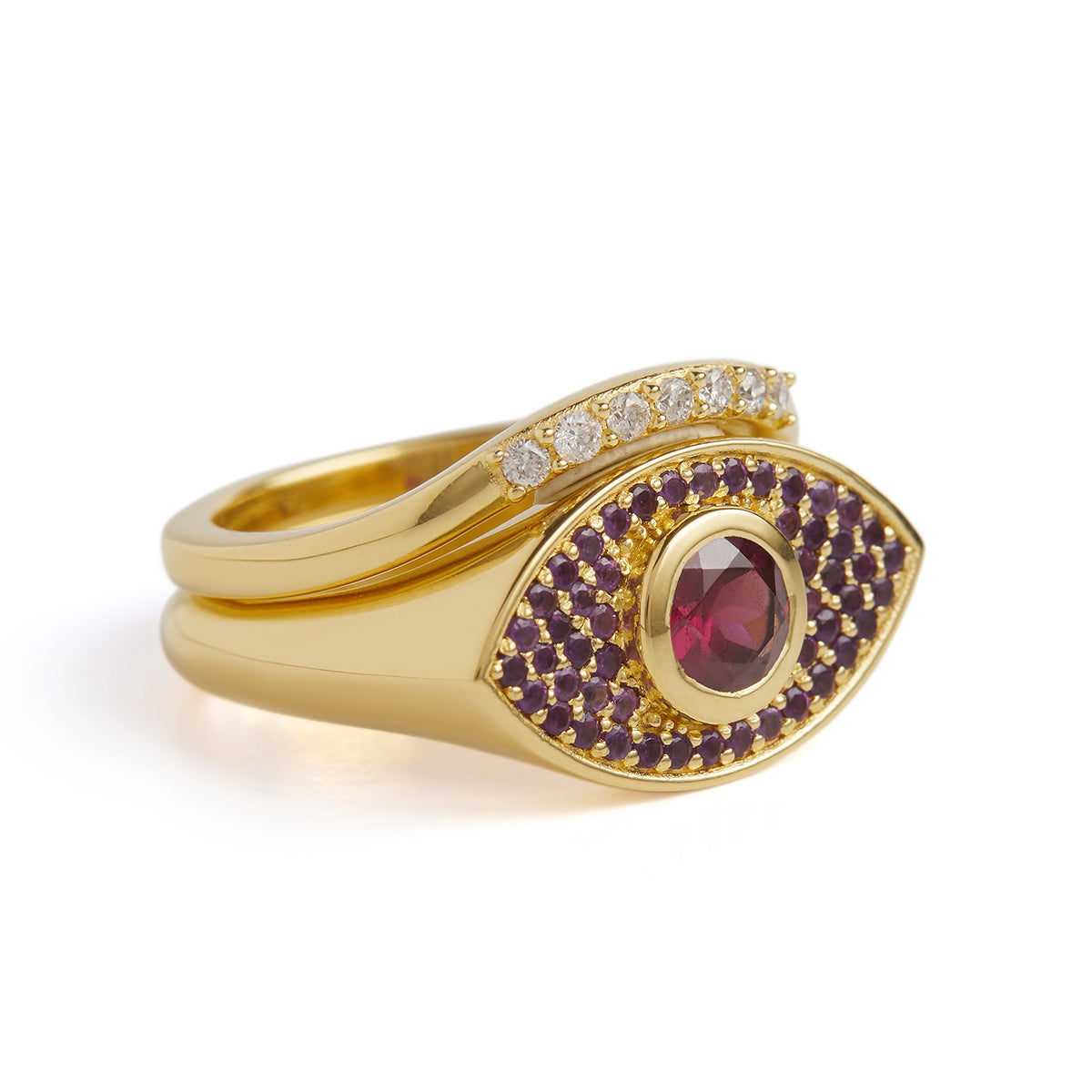 Rays of Light Fine Ring Pink Garnet and Amethyst Solid Gold