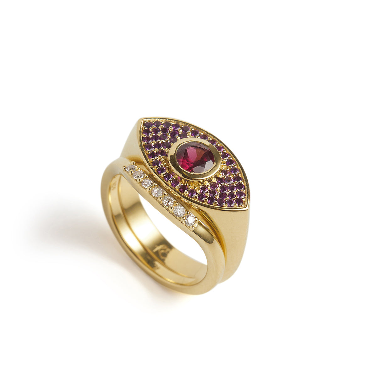 Rays of Light Fine Ring Pink Garnet and Amethyst Solid Gold