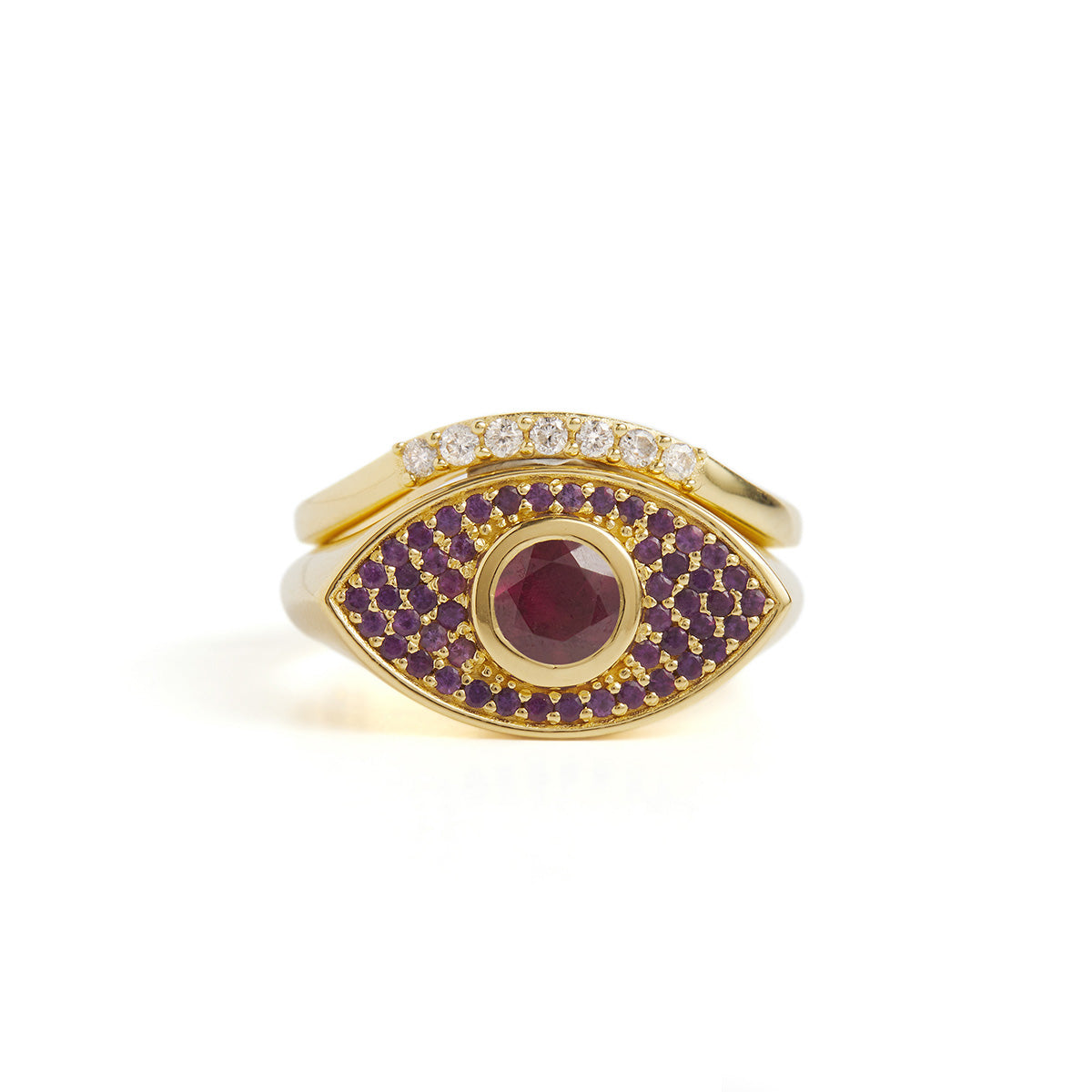 Rays of Light Fine Ring Pink Garnet and Amethyst Solid Gold