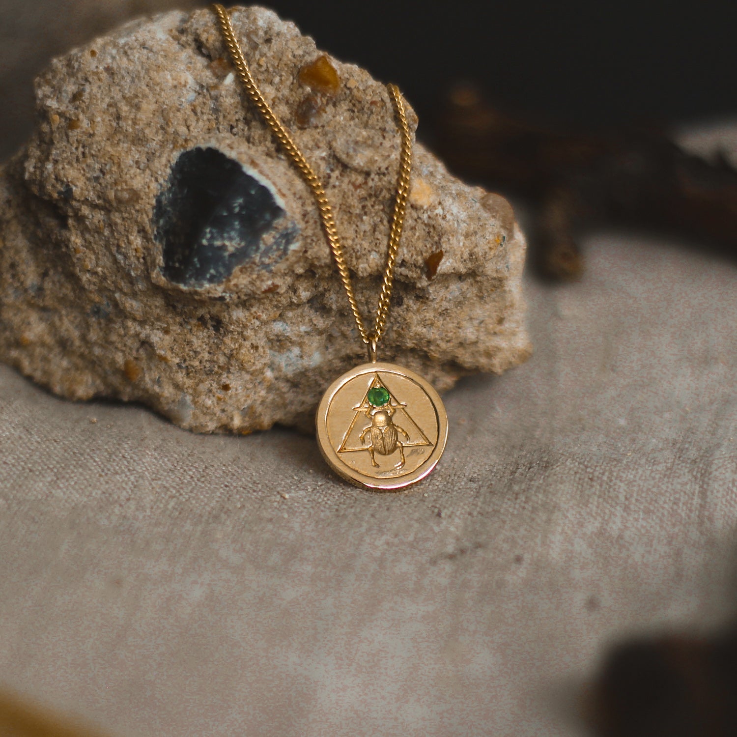 Scarab Coin Necklace with Emerald Solid Gold