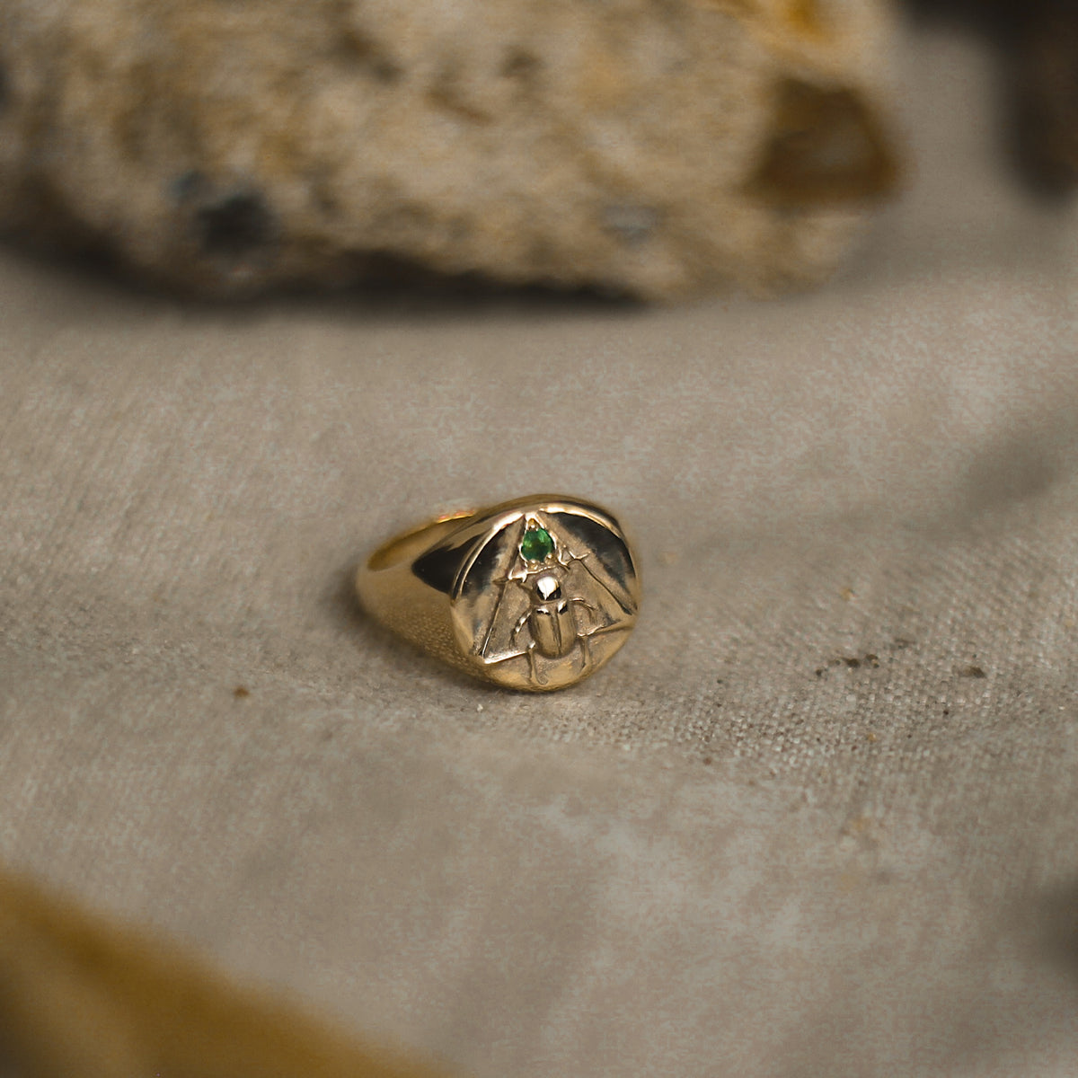 Scarab Signet Ring with Emerald Solid Gold