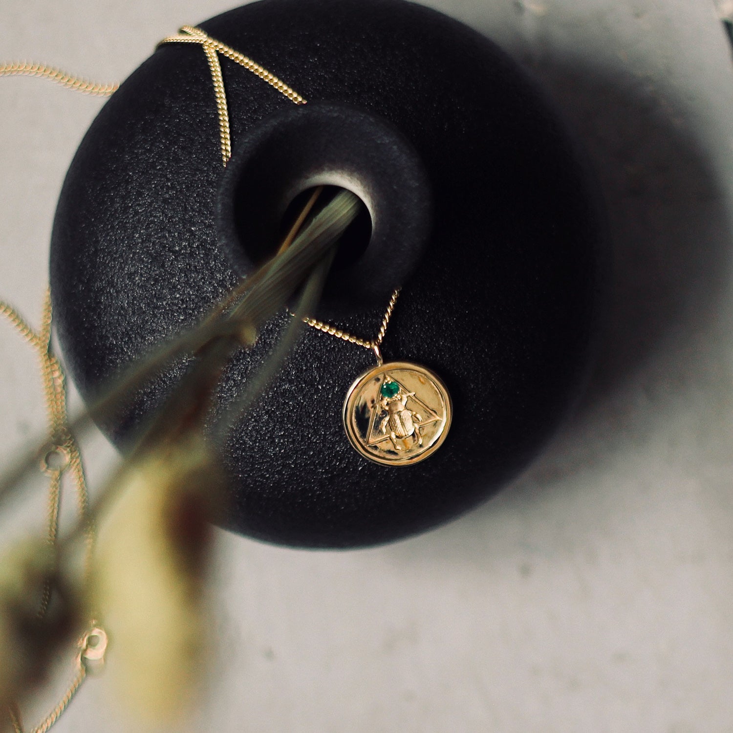 Scarab Coin Necklace with Emerald Solid Gold