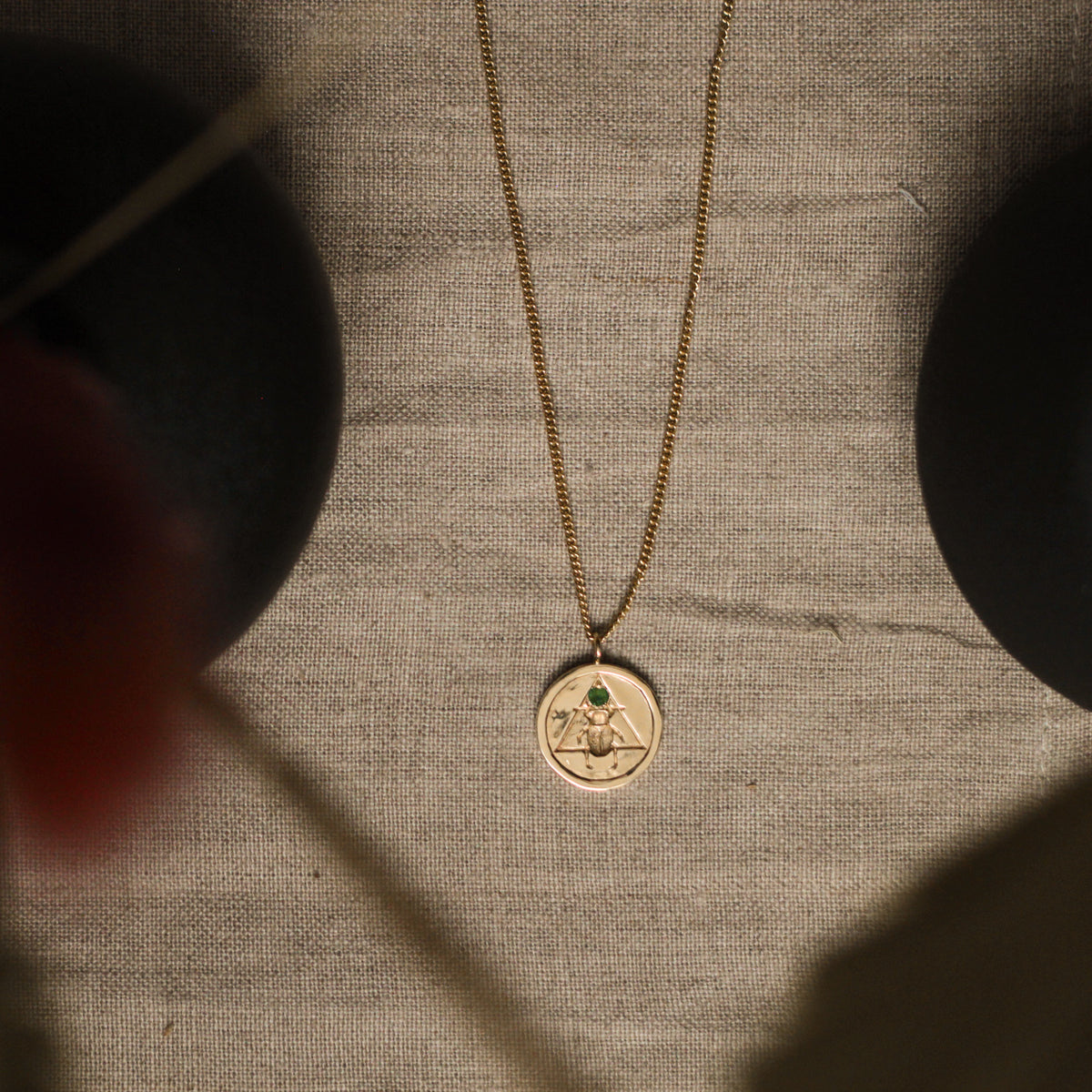 Scarab Coin Necklace with Emerald Solid Gold