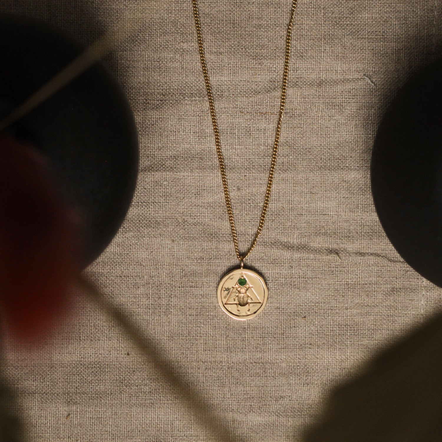 Scarab Coin Necklace with Emerald Solid Gold