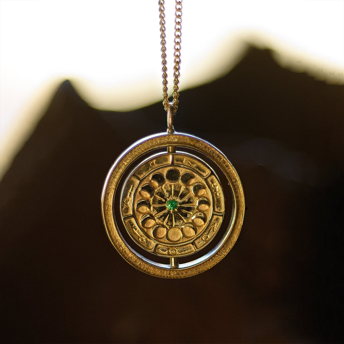 Alchemist's Rotary Pendant with an Emerald Solid Gold