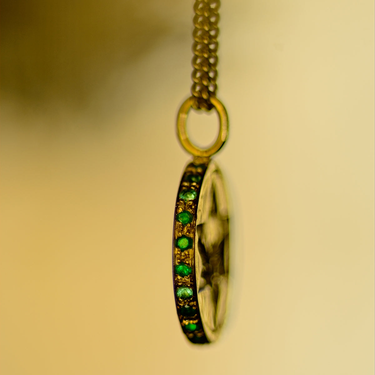 Lunar Coin Necklace with Emeralds Solid Gold